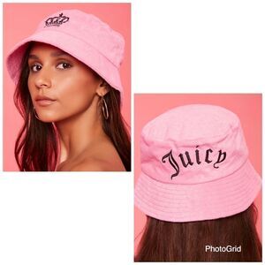 NWT Juicy Couture Pink Terry cloth Bucket Hat embroidery back Front Crown Juicy